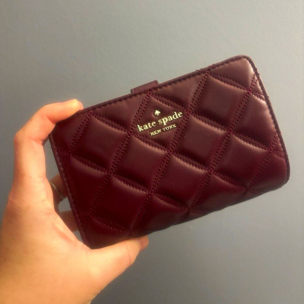 kate spade new york Quilted Burgundy Wallet Logo Zip Coin Compartment ID Window